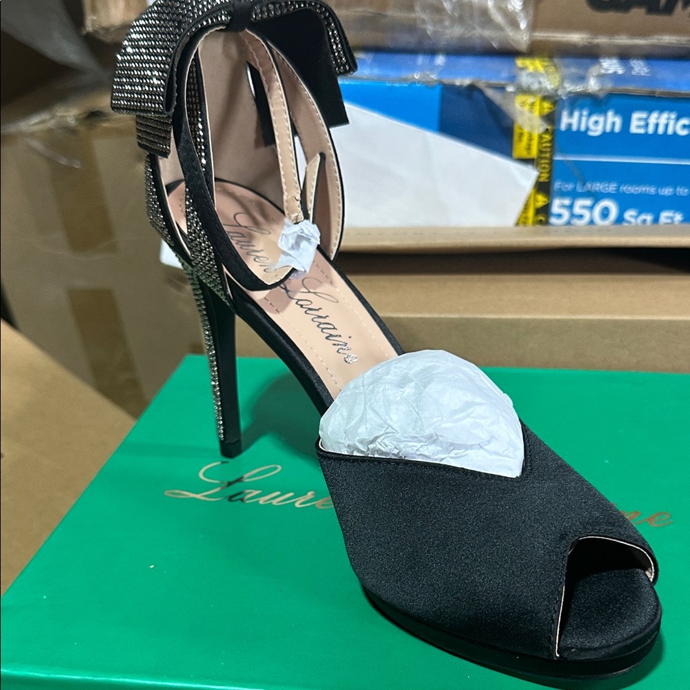 Black Peep-Toe Heels with Bow Accent